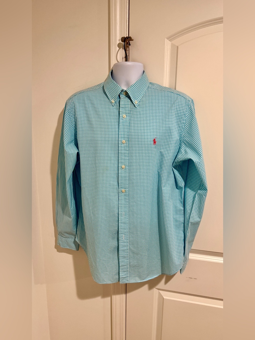 Ralph Lauren Mint Gingham Button-Down Shirt with Red Polo Logo